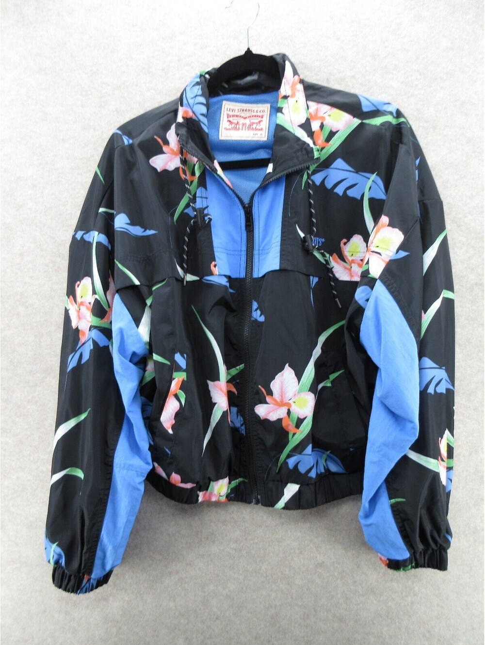 Levi's Women's Floral Windbreaker Jacket Black Blue Full Zip Hooded Medium